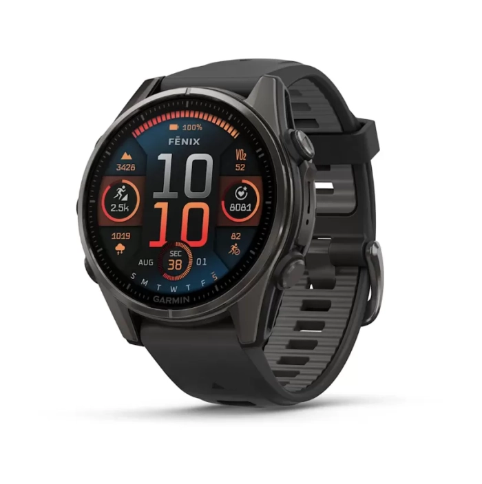 GARMIN fenix 8 – 43 mm, AMOLED Sapphire, Carbon grey DLC titanium Black/pebble grey silicone band
