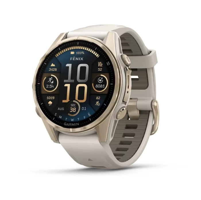 GARMIN fenix 8 – 43 mm, AMOLED Sapphire, Soft Gold Fog grey/dark sandstone silicone band