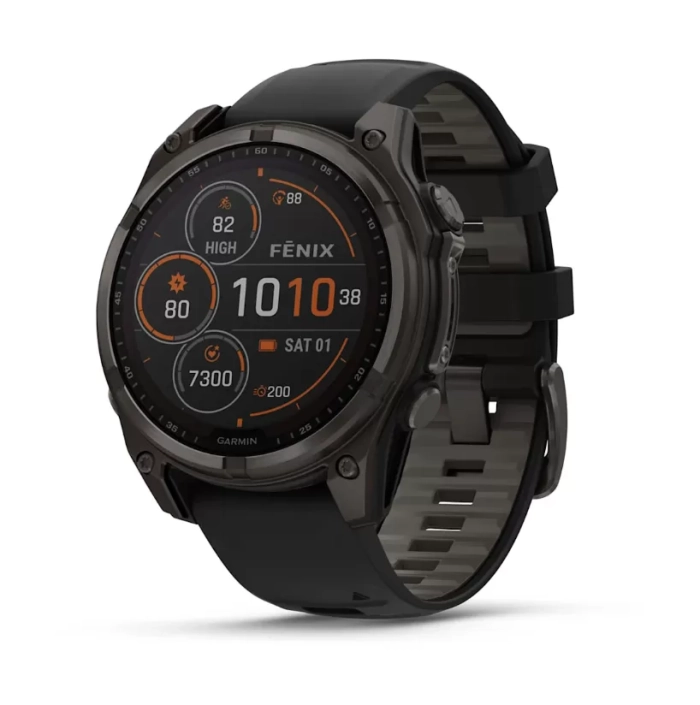 GARMIN fenix 8 – 47 mm, Solar Sapphire, Carbon grey DLC titanium Black/pebble grey silicone band