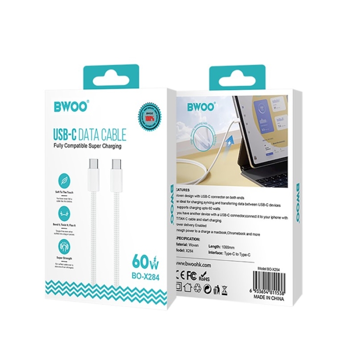 Кабел BWOO -  USB C-USB C  60W 1m  кабел